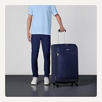 Basics Luggage 28 Large Checked Softside Suitcase With Wheels With Four 360Degree Multidirectional Spinner Wheels Expandable Space Zippered Pocket and Straps Telescopic Handle Navy Blue
