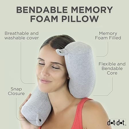 DotDot Twist Memory Foam Travel Pillow for Airplanes Travel Neck Pillow for Sleeping Airplane Pillow for Neck Support Chin Lumbar and Leg Adjustable Bendable Neck Roll Pillow