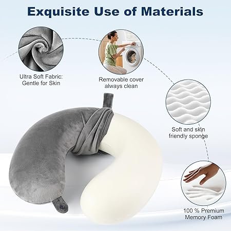 Travel Pillow 100 Pure Memory Foam Neck Pillow Airplane for TravelingCar TrainNappingTravelingWashable Cover Grey