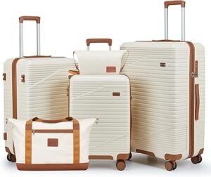 Luggage Sets 3 Piece Hard Shell Carry on Suitcase with Spinner Wheels and TSA Lock Travel Lightweight Luggage Set with YKK Zippers Beige 5 piece sets（202428DBTB