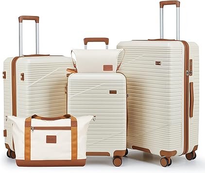 Luggage Sets 3 Piece Hard Shell Carry on Suitcase with Spinner Wheels and TSA Lock Travel Lightweight Luggage Set with YKK Zippers Beige 5 piece sets（202428DBTB