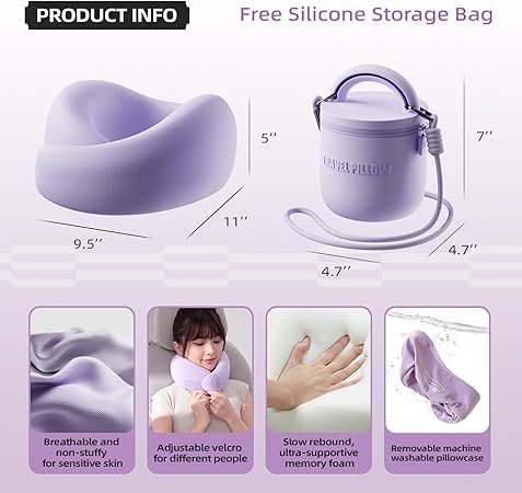 Travel Pillow Memory Foam Neck Pillow Airplane Neck Travel Airplane Pillow for Long Flight 360º Support Machine Washable Purple