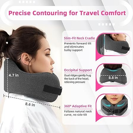 Neck Pillow Airplane Travel Set Pure Memory Foam Travel Pillow for Long Flights Essentials Sleeping with 3D Contoured Eye Mask Earplugs Portable Bag Grayish