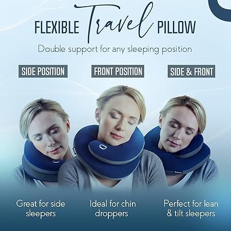 BCOZZY Travel Neck Pillow for Airplane – Patented Double Support for Head Neck and Chin Best for Long Flights Plane Sleeping and Car Rides