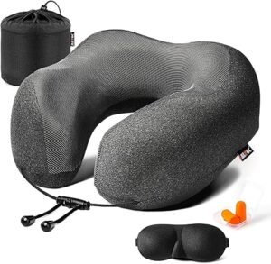 MLVOC Travel Pillow 100 Pure Memory Foam Neck Pillow Comfortable Breathable Cover Machine Washable Airplane Travel Kit with 3D Contoured Eye Masks Earplugs and Luxury Bag Standard Black