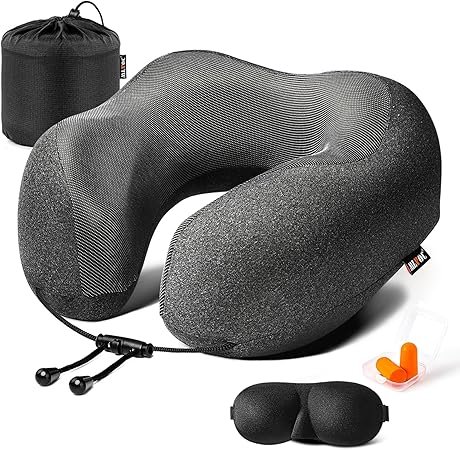 MLVOC Travel Pillow 100 Pure Memory Foam Neck Pillow Comfortable Breathable Cover Machine Washable Airplane Travel Kit with 3D Contoured Eye Masks Earplugs and Luxury Bag Standard Black