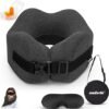Neck Pillow Airplane Travel Set Pure Memory Foam Travel Pillow for Long Flights Essentials Sleeping with 3D Contoured Eye Mask Earplugs Portable Bag Grayish