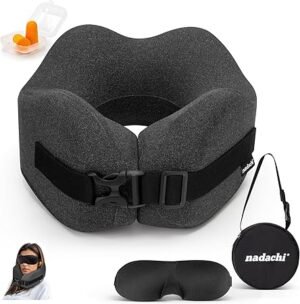 Neck Pillow Airplane Travel Set Pure Memory Foam Travel Pillow for Long Flights Essentials Sleeping with 3D Contoured Eye Mask Earplugs Portable Bag Grayish