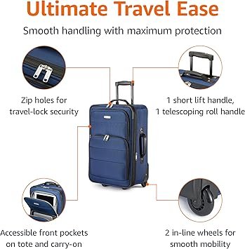 Basics Luggage Sets CarryOn 23 cm tote 15 cm Suitcase With Wheels Expandable Extra Space 15 Front Pockets and Telescopic Handle Navy Blue