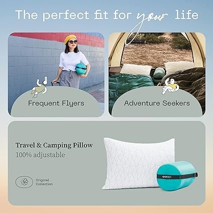 Coop Home Goods Original Travel and Camping Adjustable Pillow Small Camping Pillow with Compressible Stuff Sack MediumFirm Memory Foam with Lulltra Washable Cover CertiPURUS Certified 19x13