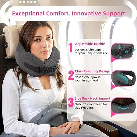 Neck Pillow Airplane Travel Set Pure Memory Foam Travel Pillow for Long Flights Essentials Sleeping with 3D Contoured Eye Mask Earplugs Portable Bag Grayish
