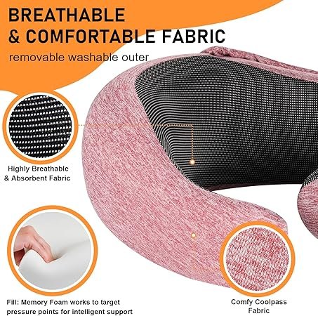 Travel Pillow Hooded Neck Pillow Airplane Memory Foam Filling for Plane Office Cars Sleeping Road Trip Long Flights Portable Plane Accessories Includes Eye Mask Earplugs Red