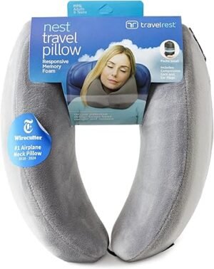 TRAVELREST Nest Neck Pillow Travel Essentials Memory Foam Pillow and Patented Design Support for Long Flights Travel Accessories Comfortable and Compact Washable Attaches to Luggage Gray