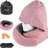 Travel Pillow Hooded Neck Pillow Airplane Memory Foam Filling for Plane Office Cars Sleeping Road Trip Long Flights Portable Plane Accessories Includes Eye Mask Earplugs Red