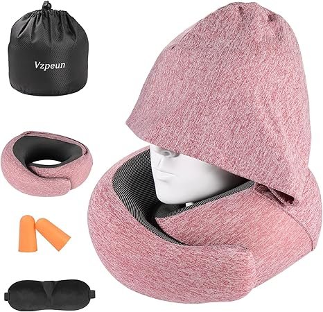 Travel Pillow Hooded Neck Pillow Airplane Memory Foam Filling for Plane Office Cars Sleeping Road Trip Long Flights Portable Plane Accessories Includes Eye Mask Earplugs Red